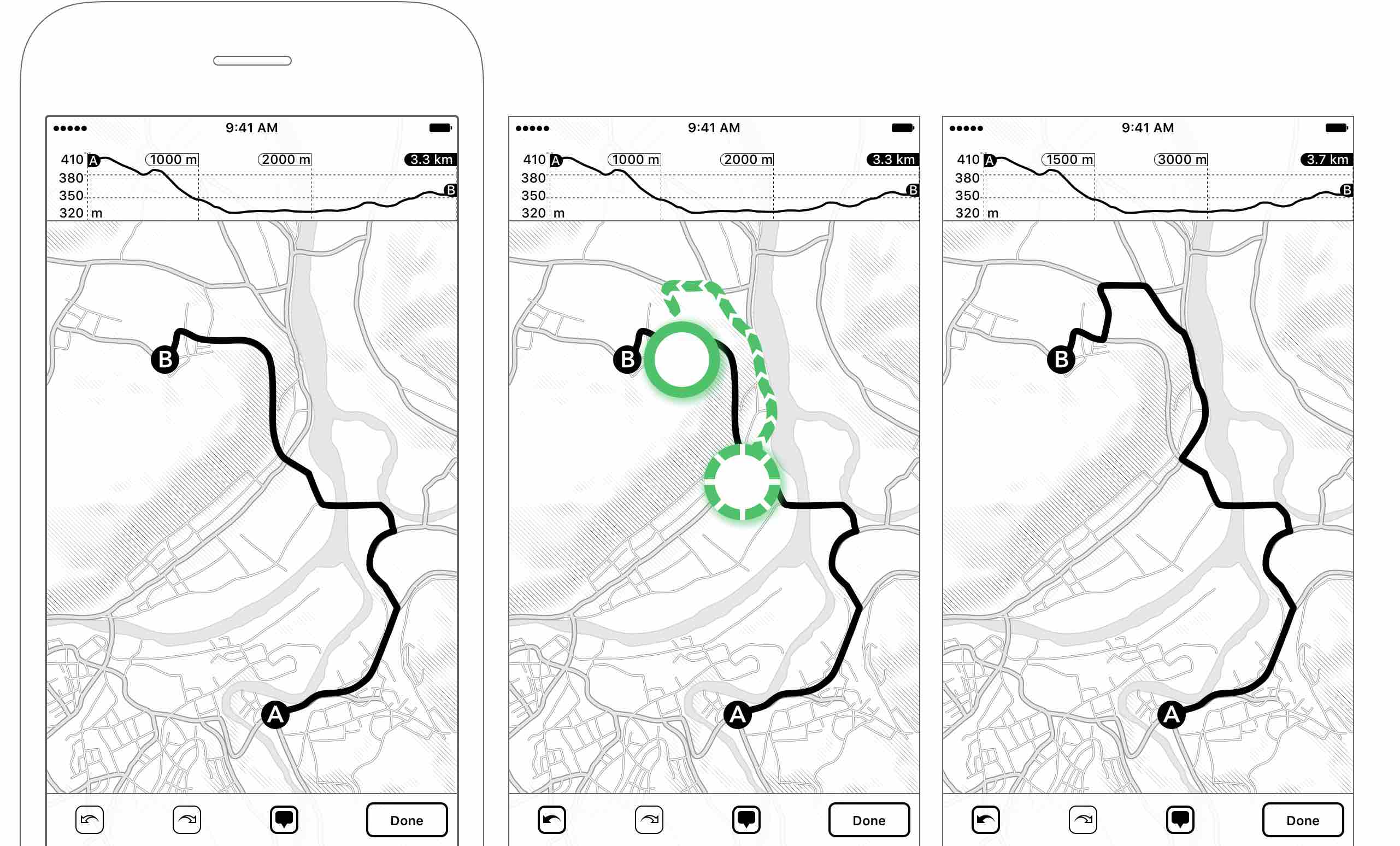 Figure 2.15: Redrawing a tour — Tap on a point of the tour and drag it along a street. Make sure you reconnect/close the loop to the tour — Redrawn tour